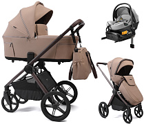Детская коляска Peppy Soho 4 в 1 с автокреслом Welldon Crown 2 Grey и базой Sand (песочный) рама шоколад