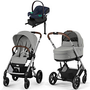 Коляска Cybex Balios S Lux SLV complete Aton B2 Bay Blue Base One 4 в 1 Stone Grey с дождевиками